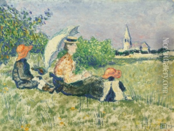 Madame Lemmen Et Ses Enfants Pierre Et Jacques Dans Un Jardin Oil Painting - Georges Lemmen