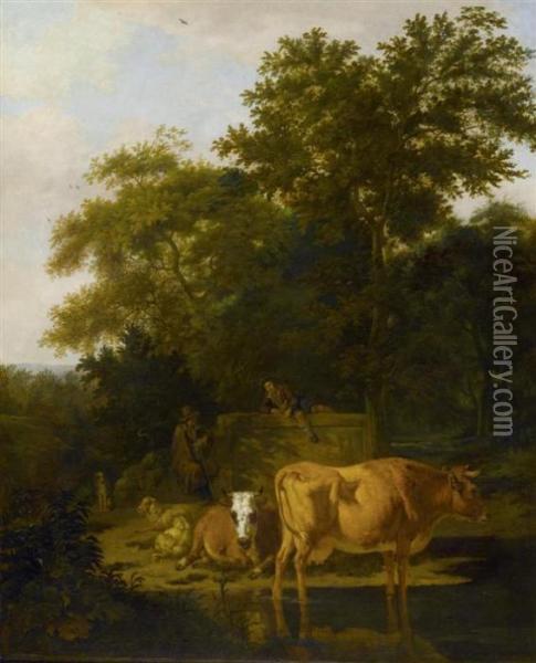 Herdsmen And Cows At The River In A Wooded Landscape. Oil Painting - Adrian Van De Velde