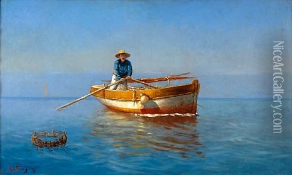 Fisherman On Rowing Boat Oil Painting - Emilios Prossalentis