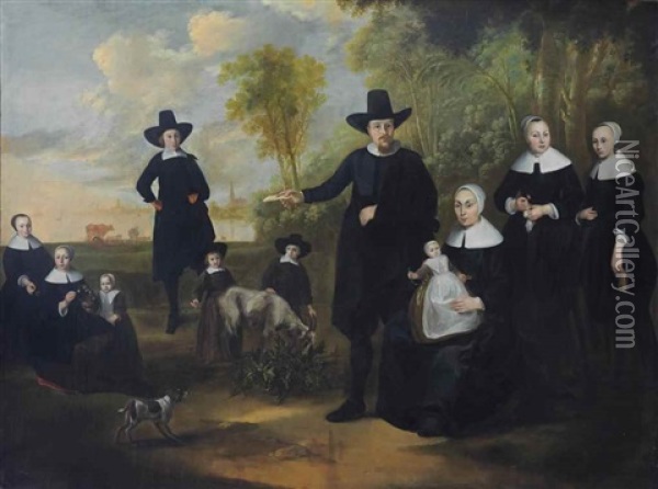 A Group Portrait Of A Family In A River Landscape With A Town In The Distance Oil Painting - Gerard van Donck