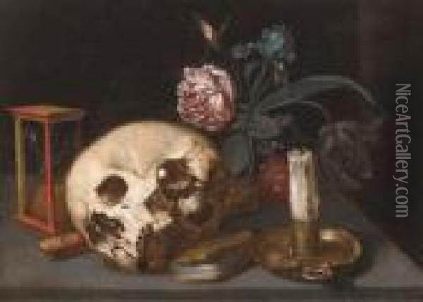 A Vanitas Still Life With A 
Skull, An Hourglass, A Recorder, Acandle And Candlestick And Mixed 
Flowers On A Table Oil Painting - Jacques Linard