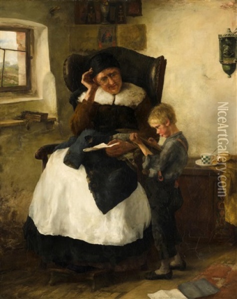 Im Lehnstuhl Sitzende Grossmutter Hilft Ihrem Enkel Bei Den Schulaufgaben Oil Painting - Konrad Grob