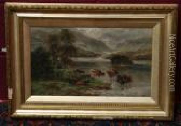 Highland Cattle Watering Beside A Loch Oil Painting - William Langley