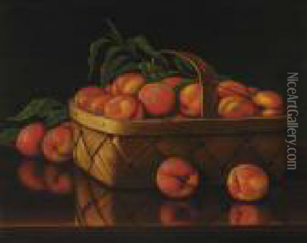 Basket Of Peaches On A Tabletop Oil Painting - Levi Wells Prentice