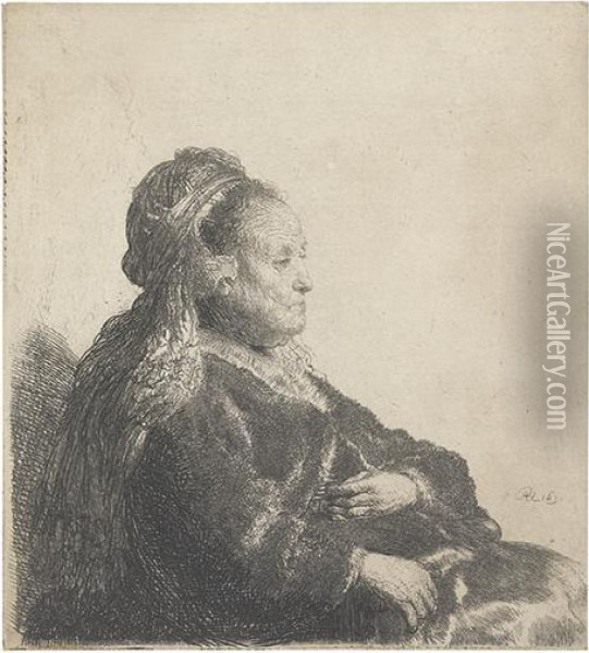 The Artist's Mother Seated, In An Oriental Headdress: Half Length. Oil Painting - Rembrandt Van Rijn