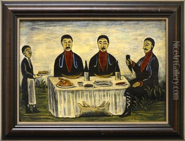 Three Men At Dinner Oil Painting - Niko Pirosmani