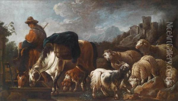 A Shepherd And His Flock At A Watering Place Oil Painting - Philipp Peter Roos