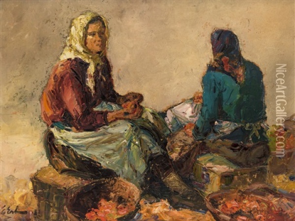 At The Street Market Oil Painting - Erno Erb