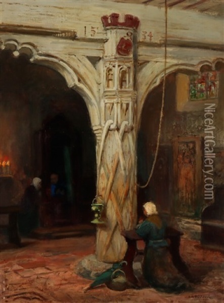 A South European Church Interior With A Woman Praying Oil Painting - Frans Wilhelm Odelmark