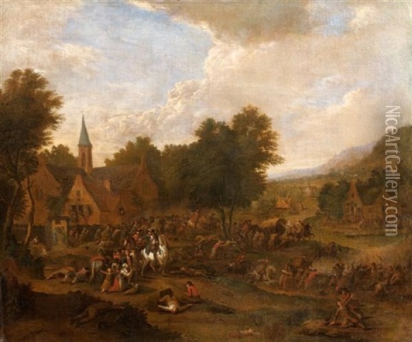 L'attaque Du Village Oil Painting - Joseph van Bredael