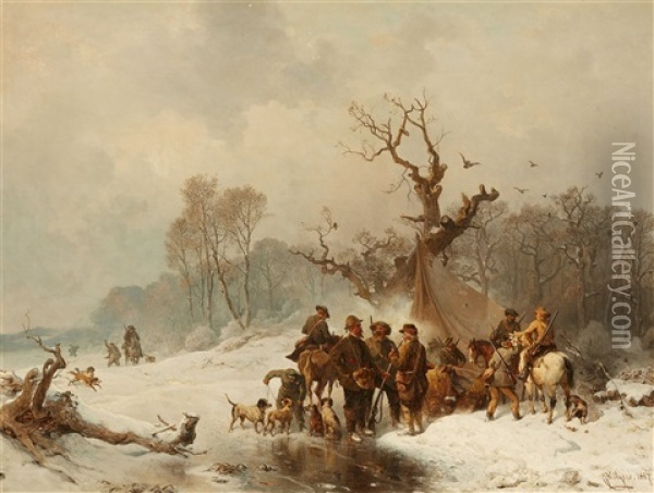 Snowy Scene With A Hunters' Camp Oil Painting - Carl Hilgers
