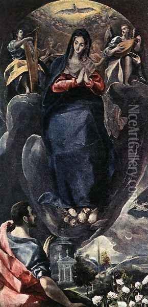 The Virgin of the Immaculate Conception and St John c. 1585 Oil Painting - El Greco (Domenikos Theotokopoulos)