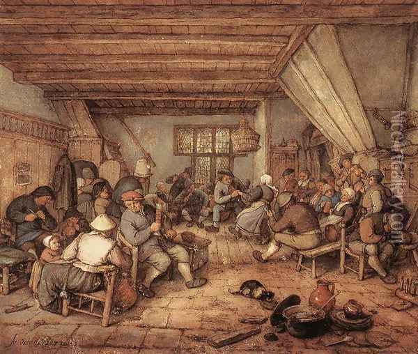 Feasting Peasants in a Tavern Oil Painting - Adriaen Jansz. Van Ostade