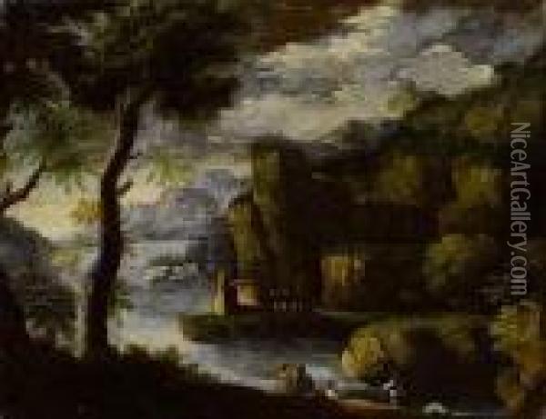 Arkadische Landschaft Mit See Und Figuren- Staffage Oil Painting - Pieter the Younger Mulier