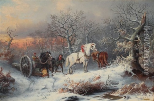 Winter Genre Painting With Loggers And Work Horses Oil Painting - August Xaver Carl von Pettenkofen