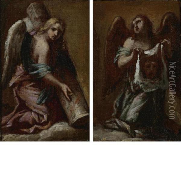 Angel Holding Veronica's Veil 
And
 Angel Holding The Column: A Pair Of Paintings Oil Painting - Francesco Trevisani