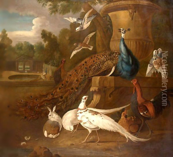 Peacocks, White Pheasants, Doves, A Hen, A Cockerel, A Rabbit Together In A Parkland Landscape Oil Painting - Pieter Casteels III