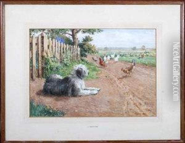 An Old English Sheep Dog And Poultry By A Garden Fence Oil Painting - John Valentine
