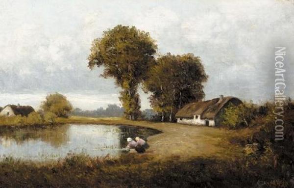 Wascherinnen Am Teich. Oil Painting - Alfred Joseph Dannequin