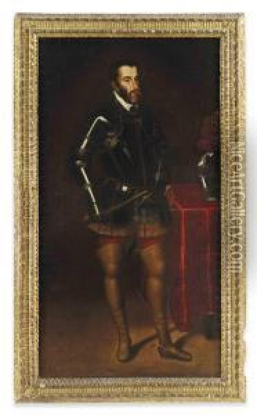 Cruz Portrait Of Charles V, Holy Roman Emperor , Full-length,in A Breast-plate, A Baton In His Right Hand Oil Painting - Juan Pantoja de la Cruz