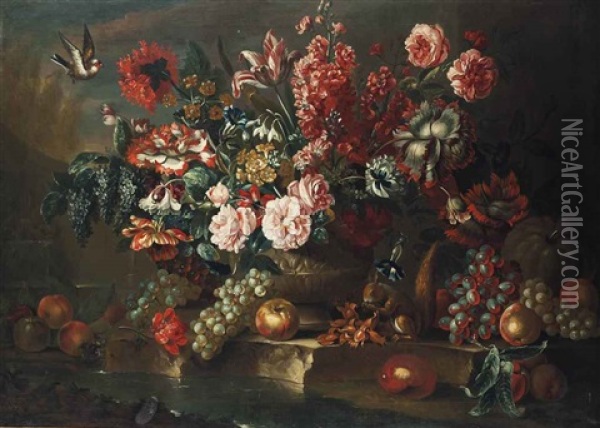 Roses, Poppies, Convolvulus And Other Flowers In A Sculpted Urn On A Stone Ledge, With Grapes, Peaches, A Pumpkin, A Squirrel Eating Hazelnuts... Oil Painting - Pieter Casteels III