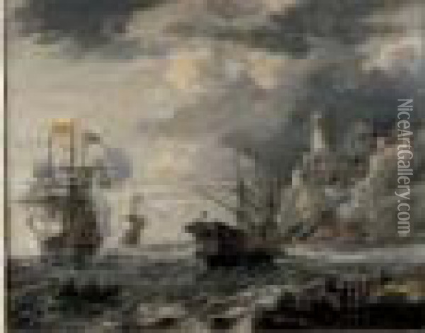 Bord De Mer Avec Navires Et Personnages Au Premier Plan Oil Painting - Bonaventura, the Elder Peeters