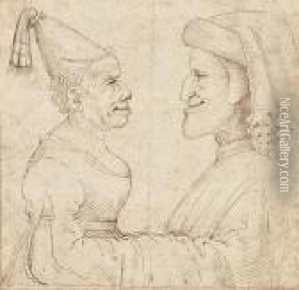 Two Grotesque Heads Oil Painting - Leonardo Da Vinci