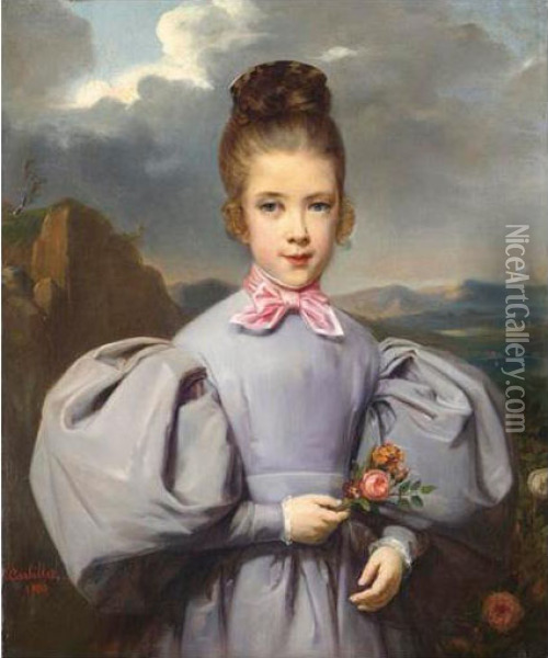 Jeune Fille Tenant Une Fleur Oil Painting - Jean-Baptiste Carbillet