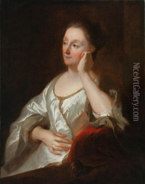 Portrait Of A Woman In A White Satin Dress Oil Painting - John Singleton Copley