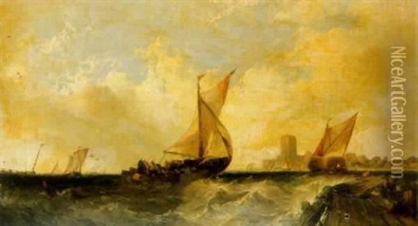 Dutch Boats In Choppy Seas Off The Coast Oil Painting - Alfred Montague