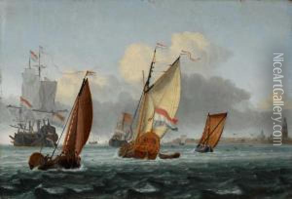 Seelandschaft Mit Hollandischen Schiffen Vor Einer Stadt Oil Painting - Gerrit Pompe