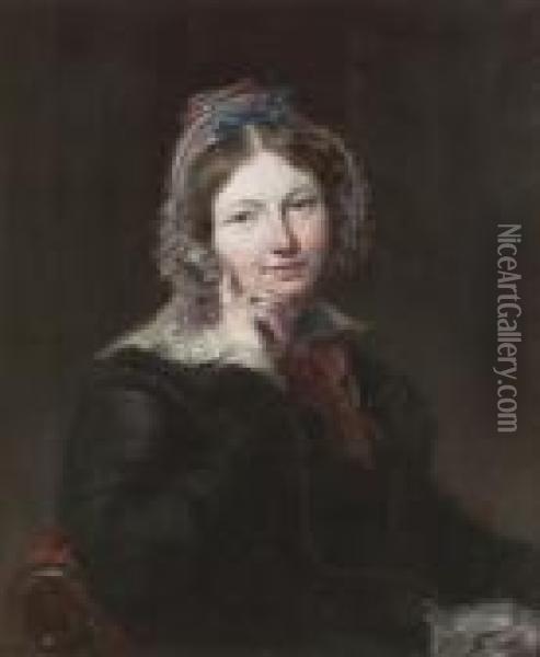 Portrait Of A Lady Half Length, Seated, Wearing A Black Dress With White Trim Oil Painting - Margaret Sarah Carpenter