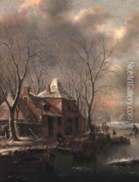 Frozen Waterway With Peasants Loading A Sledge By A Cottage Oil Painting - Nicolaes Molenaer