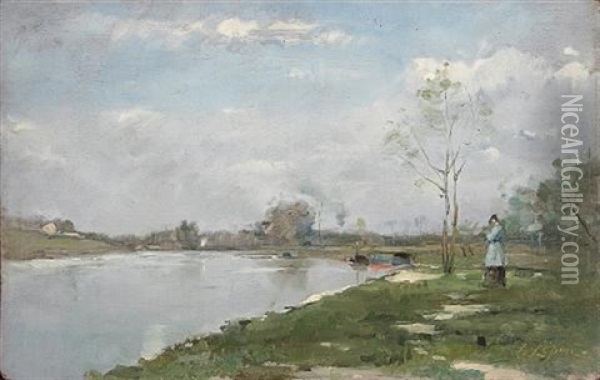 A River Landscape With A Figure On The Bank Oil Painting - Stanislas Lepine