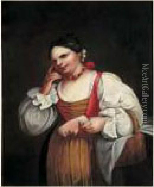 Jeune Femme Tenant Un Masque Oil Painting - Giovanni Domenico Ferretti