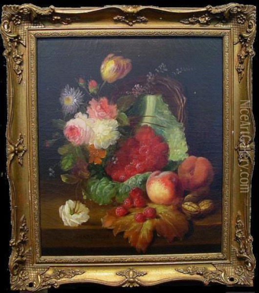 Floral Still Life With Fruit And Walnuts Oil Painting - Jules Edouard Diart