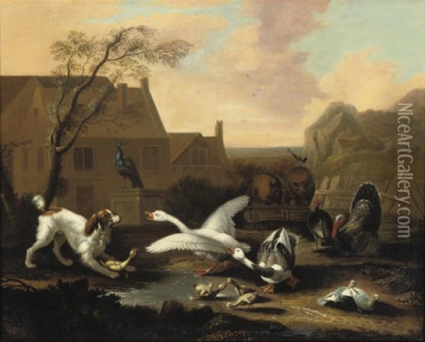 A Spaniel Threatening Geese In A Farmyard Oil Painting - Pieter Casteels III
