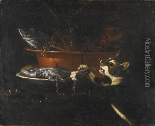 A Still Life With Seafood In A Copper Pan, A Cat Pinching A Squid From A Plate Oil Painting - Giuseppe Recco