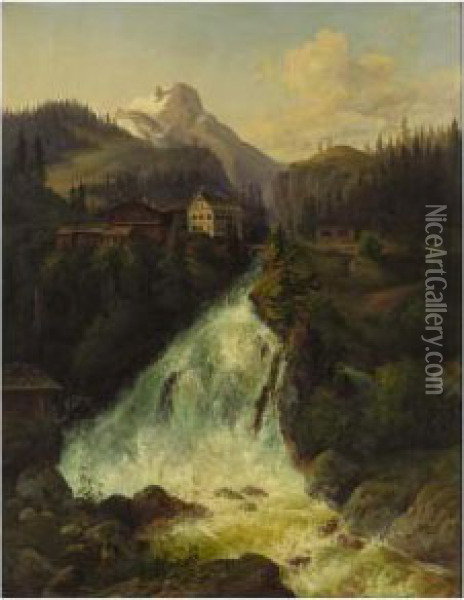A Waterfall Near Bad Gastein, Austria Oil Painting - Joseph Altenkopf