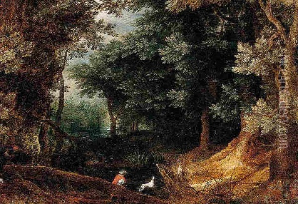 A Wooded Landscape With Sportsmen Oil Painting - Jan Brueghel the Elder