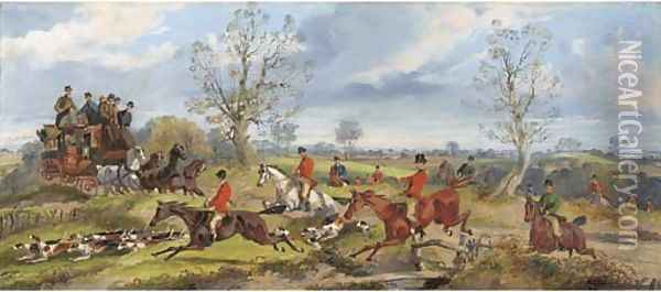 A hunt in full cry crossing the path of the York to London coach Oil Painting - Samuel Henry Gordon Alken