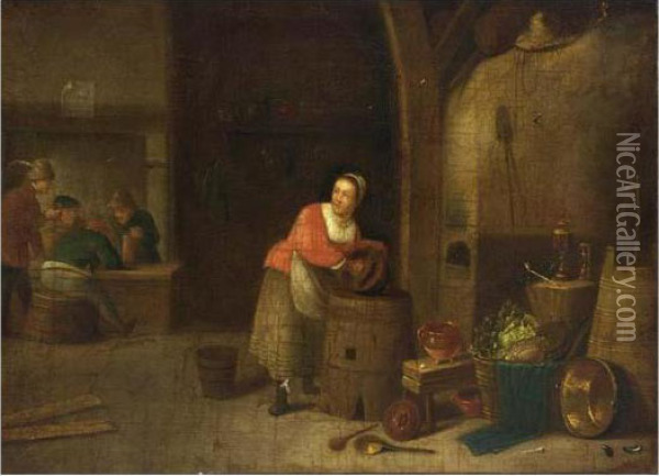 An Interior Of An Inn With A 
Maid Cleaning Pots, A Still Life With Pots, Pans And Cabbages In The 
Foreground, Peasants Drinking In The Background Oil Painting - David The Younger Teniers