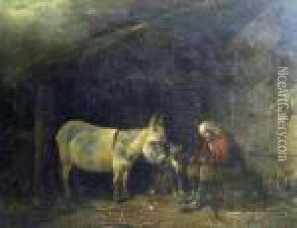Farrier At Work, A Donkey Anddog Looking On Oil Painting - George Morland