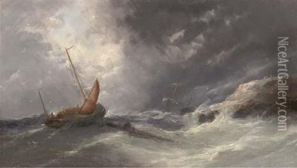 A Fishing Lugger In An Onshore Breeze With A Wreck Beyond Oil Painting - William Harry Williamson