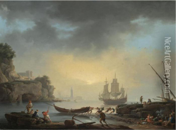 A Mediterranean Coastal Scene 
With Fishermen Bringing In Their Boats And A Man Of War At Anchor Beyond Oil Painting - Claude-joseph Vernet