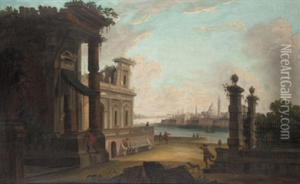 A Venetian Architectural Capriccio With Figures Oil Painting - Antonio Joli