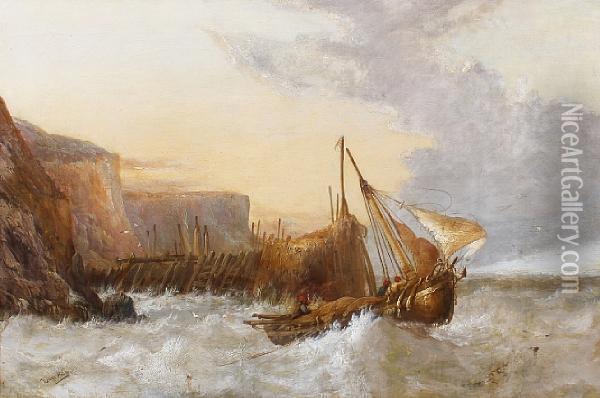 Fishing Boat In A Stormy Off A Pier Oil Painting - James Webb