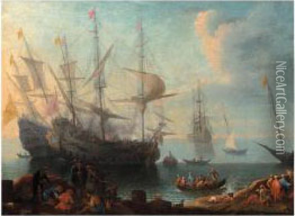 View Of A Mediterranean Harbour Oil Painting - Adriaen Manglard