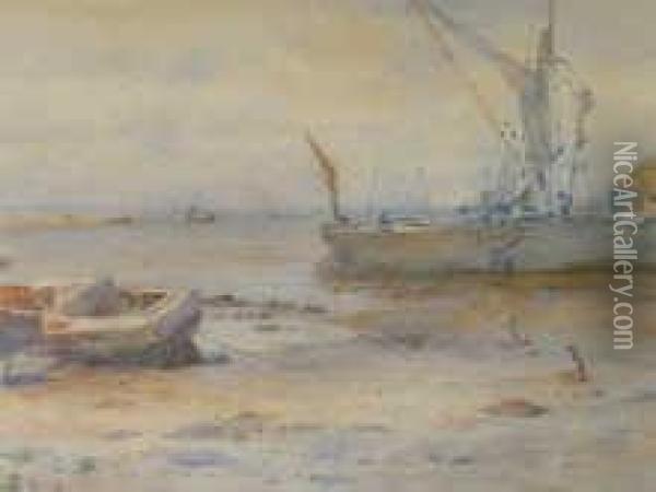 Fishing Boats In An Estuary At Low Tide Oil Painting - William Eden