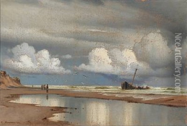 Coastal Scene With A Shipwreck On The Beach Oil Painting - Carl Johann Neumann
